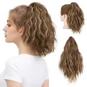 Short Ponytail Extension Claw Clip in 13 Inch Fluffy Synthetic Curly Wavy Pony Tail Hairpiece for Women Brunette/Ash Blonde