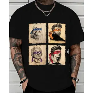 Graphic Tee Mens Casual Short Sleeve T Shirt Featuring Humorous Italian Artists and Teenage Mutant Ninja Turtles Artwork Regular Fit Round Neck Tee for Art Enthusiasts and Ninja Turtle Fans Oversized Casual Men's Letter Pattern Printed T-Shirt
