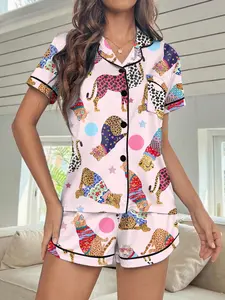 Funky Leopard & Cute Cat Print Pajama Set for Women, Short Sleeve Top with Pocket, All Seasons Casual Sleepwear, Button Front Design with Shorts