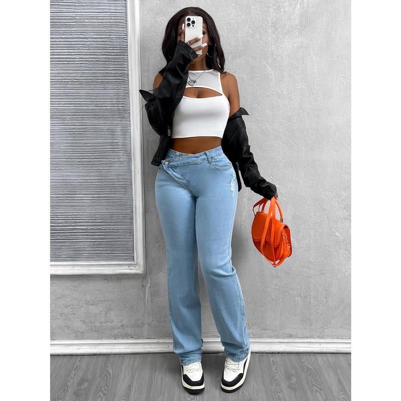 Light Wash High Waisted Asymmetrical Button Wide Leg Jeans for Women - Retro Denim Pants with Y2K Style Light Wash High Waisted Asymmetrical Button Wide Leg Jeans for Women - Retro Denim Pants with Y2K Style