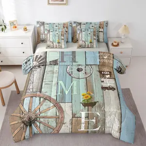 7 Piece Farmhouse Bedding Country Rustic Cabin Comforter Bed Set with Sheets,Western Wooden Board Wheel Bed Bag,Kids Adults,Pastoral Planks Bed Set