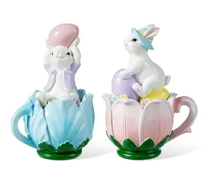 Glitzhome Set of 2 Easter Resin Bunny on TulipMug Table Decor