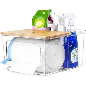 Trash Bag Dispenser Holder - 2 in 1 Clear Acrylic Plastic Garbage Bags Container With Bamboo Lid Storage Box for Kitchen Pantry Laundry Room Organization, Large Trash Bag Organizer Under Sink Organizing Stainless Steel Bins