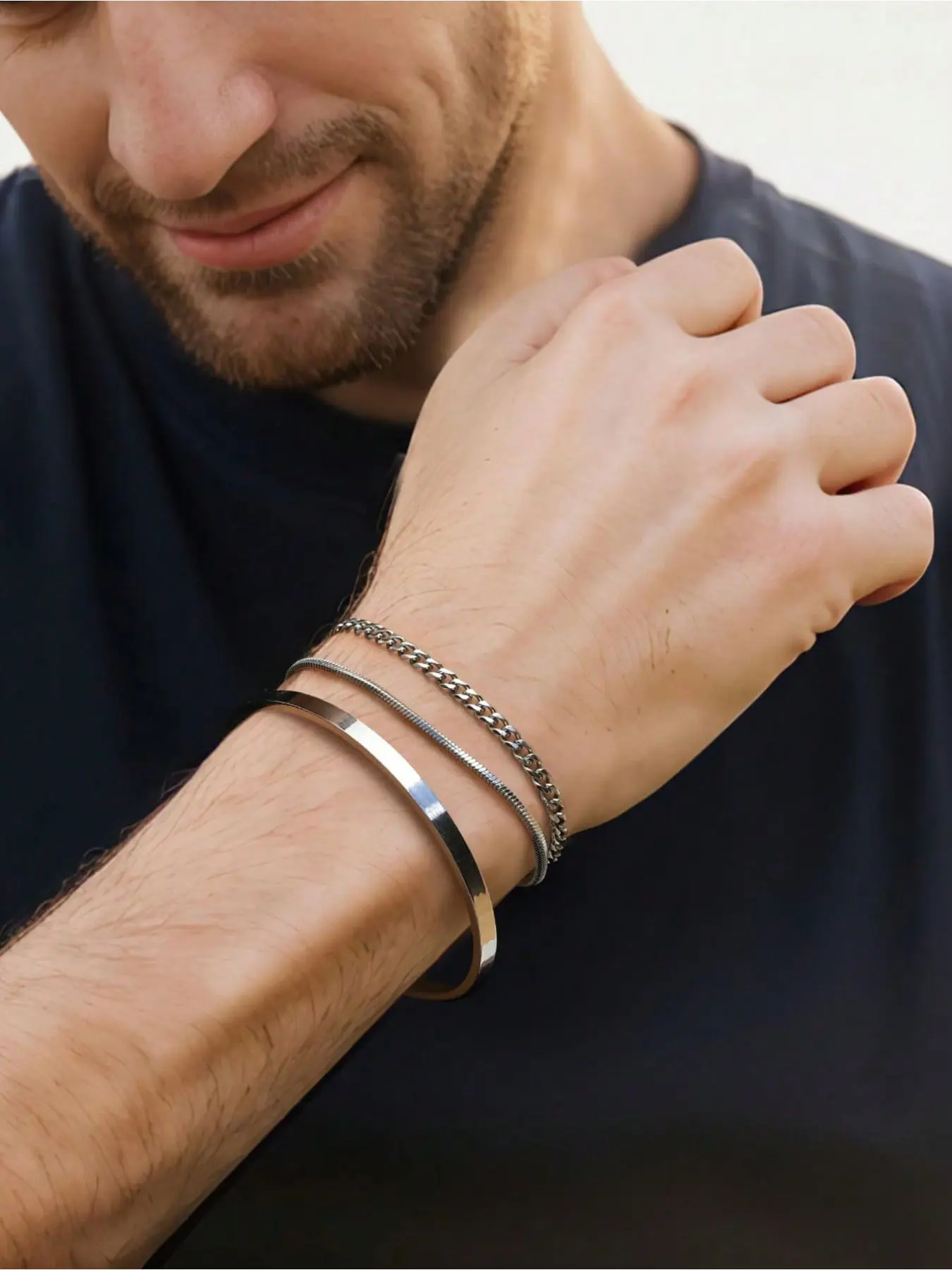 3pcs/Set Stainless Steel C-Shape Adjustable Bangle Bracelet with Chain Suit, Accessory for Men, Suitable for Father's Day, Valentine's Day, Dates, Boyfriend Birthday Gift, Adjustable Bangle Jewelry, Bracelets