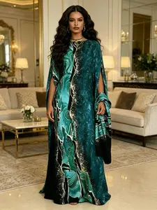 1 Robe+1 Scarf Peacock Green Marble Pattern Printed Robe Dress Set, Classy Modest Dresses, Large Ship Collar Loose Flesh Covering Long Dress Muslim Vacation/Daily Slimming Two Piece Set