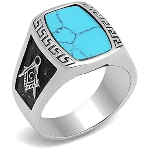 Men's Turquoise Mason Masonic Ring in Stainless Steel with Synthetic Turquoise Inlay