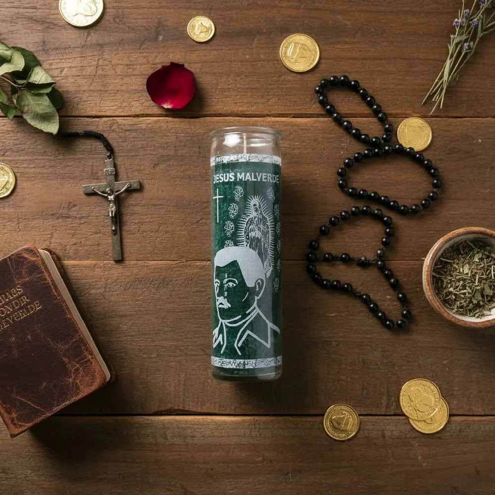 Jesús Malverde Green Spiritual Candle Faith Hope Devotional Prayer Glass Prayer Candle for Home Altar or Religious Décor