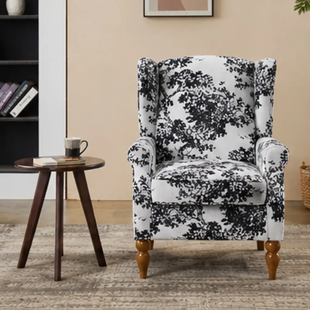 Vintage Luxury Coffee Table and Armchair Set, Solid Rubberwood Frame, Antique White & Gray Polyester Upholstery, High-Back Wing Chair with Scroll Arms, Roman Column Legs, for Living Room, Bedroom, Study, Office, Reading Nook, 1 Table + 1 Chair