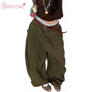 MISTY CHIC High Waisted Barrel Cargo Pants With Curved Seam Detail And Oversized Silhouette, Retro Utility Vibe Great For Casual Hangouts And Curating Effortless Streetwear Looks