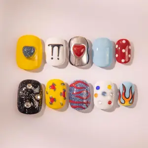 K-pop Idol Inspired Press On Nails: Hand Painted Luxury Statement Set - Y2K Pop Art Press On Nails - Colorful Short Square Nails with Heart, Flame & Glitter Design