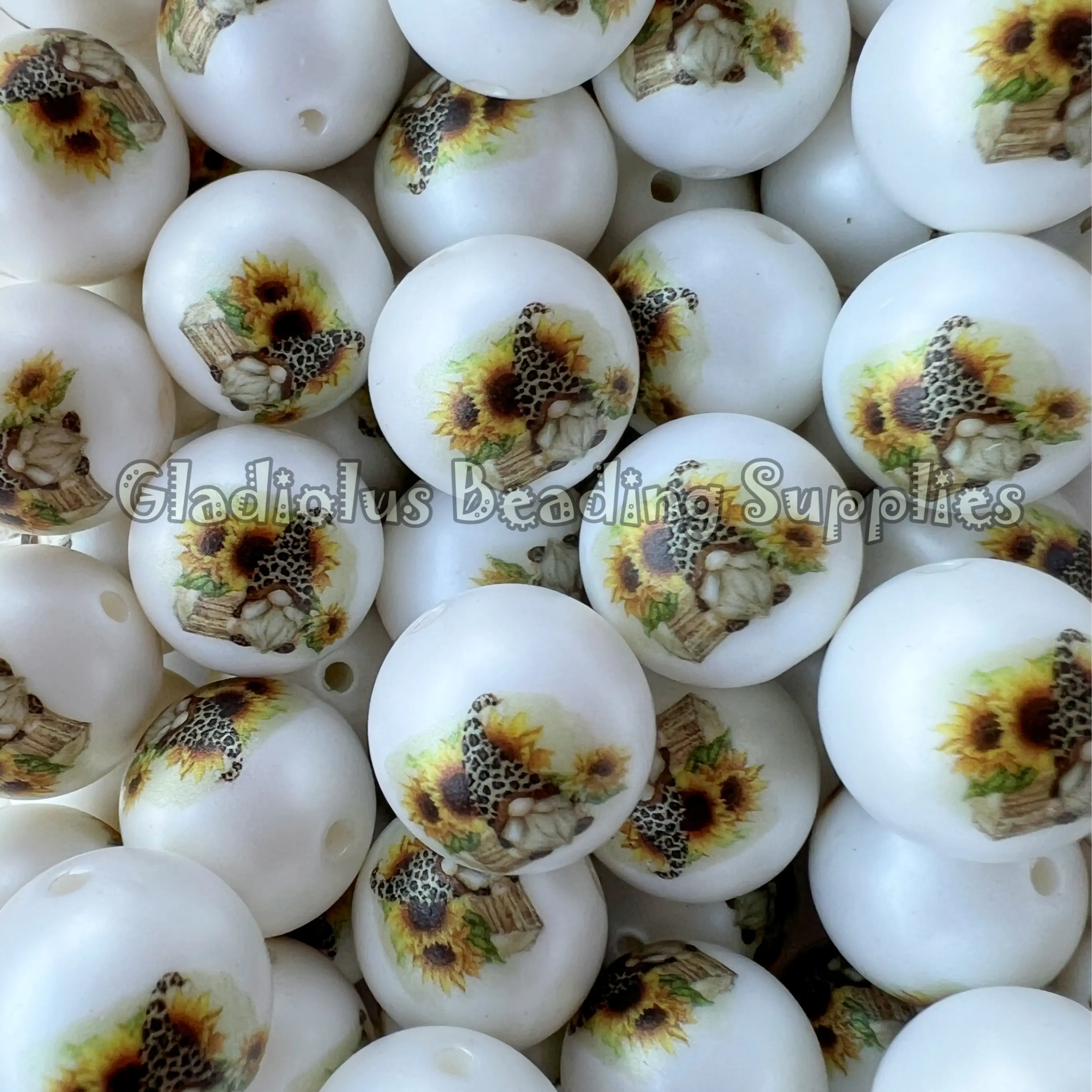 20mm Sunflower Print Acrylic Bead, Summer, Gnome Beads, Bubblegum, Chunky Round, Gumball, Beading Supplies