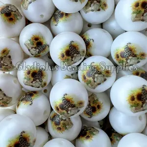 20mm Sunflower Print Acrylic Bead, Summer, Gnome Beads, Bubblegum, Chunky Round, Gumball, Beading Supplies