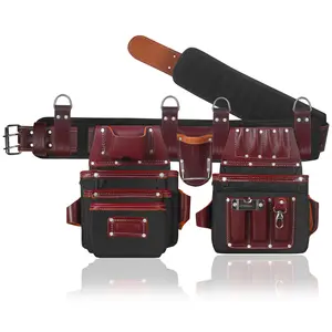FUERI Tool Belt for Men, Heavy Duty Nylon and Leather 26 Pockets Maroon and Black comes with Comfort Padded Belt,Spacious Pouches,Hammer Holder and Suspender Loops for Carpenter Construction Electrician