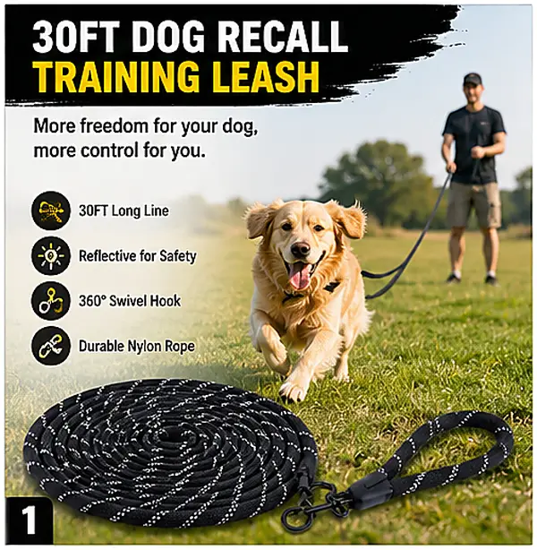 30FT Dog Recall Training Leash with Recall Control - Reflective Nylon Rope, 360° Swivel Hook for Small to Large Dogs & Puppies, Outdoor Walking, Camping Use, Black