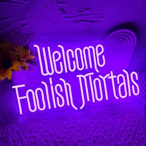 "Welcome, Foolish Mortals" Novelty Neon Lights Art Sign — Composed of Purple LED Text Strips, USB-Powered, with an Acrylic Backing, Ideal for Parties, Escape Rooms, Bars, and Holiday Decor