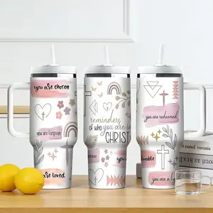 1pc 40oz Stainless Steel Thermos Mug with God's inspirational quotes and Jesus' cross motif. A gentle and healing design inspired by faith. Suitable for outdoor, sports, and indoor use. A personalized gift. Large capacity portable water bottle.