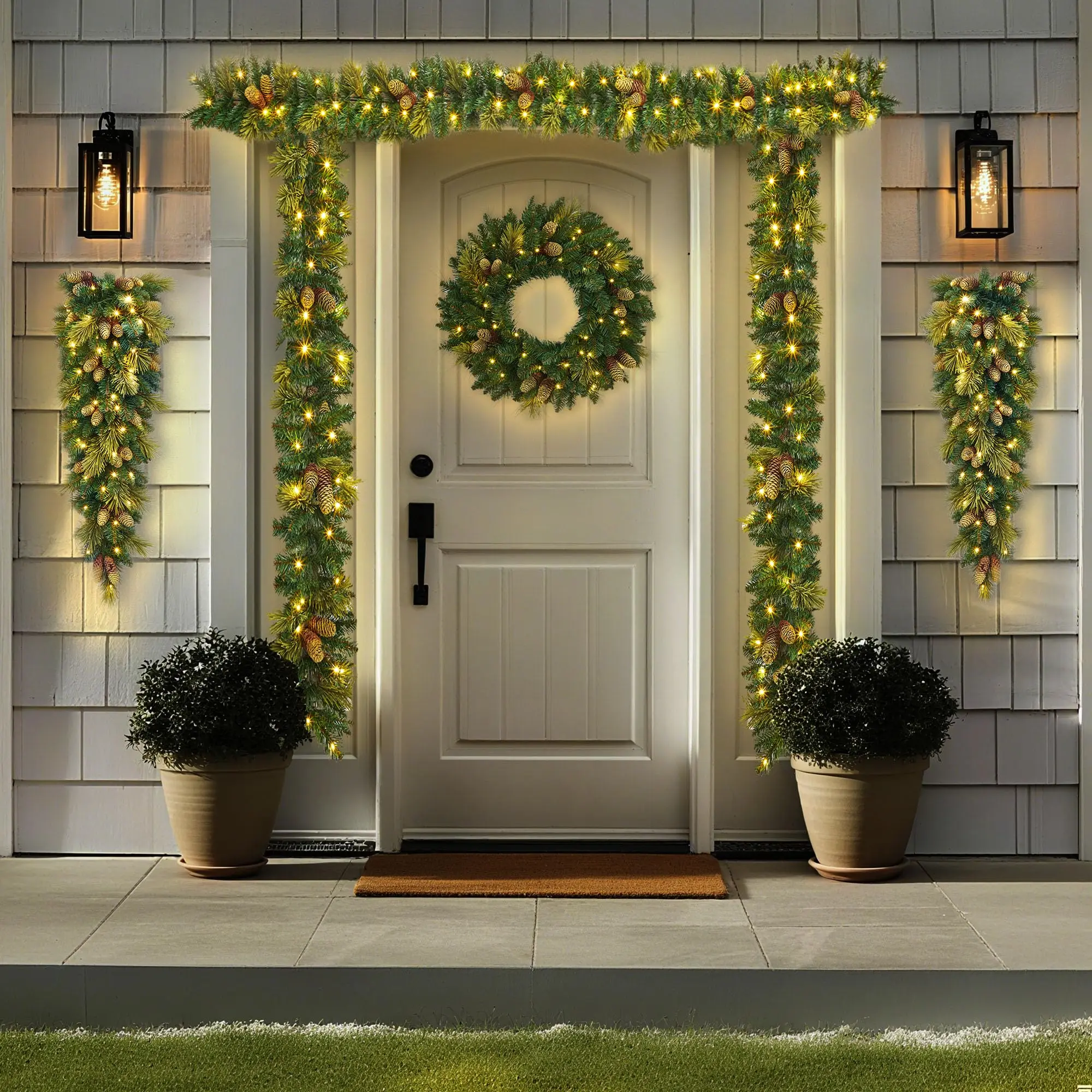 Indoor 6-Piece Christmas Furniture Set - Pre-Lit White LED Lights Decorating Kit Including Holiday Tree, Wreath, Garland, Swags