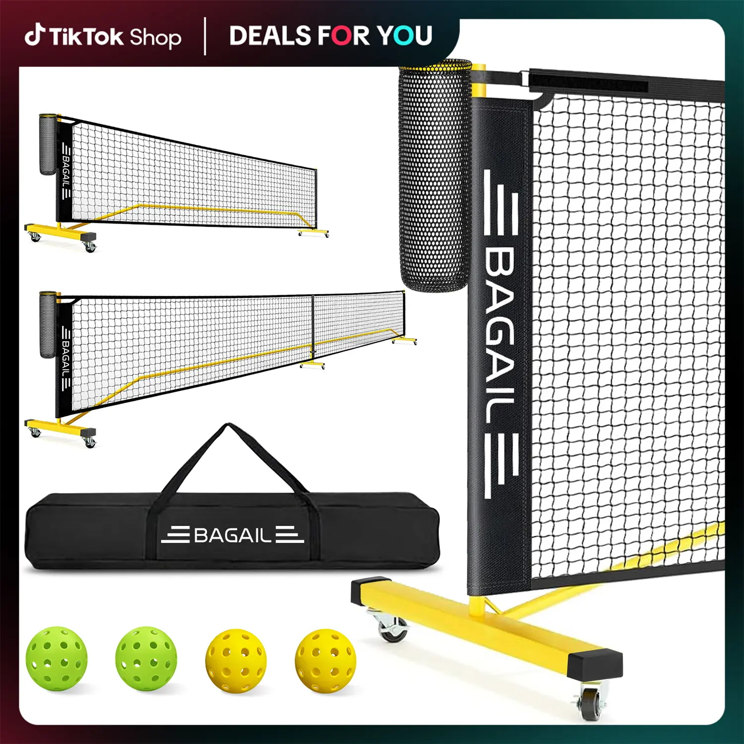 【Summer Wins】BAGAIL Portable Pickleball Net Set with Wheels, 22 FT Regulation Size & 11 FT Half Court Size 2-in-1 Pickle Ball Net with Ball Collector, Carry Bag, 4 Pickle Balls, Easy Setup for Outdoor Indoor Tennis Men Game Racket Protector outdoorfu