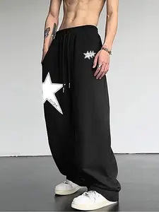 Men's Letter and Star Print Pocket Straight Leg Pants, Casual Breathable Drawstring Trousers for All Seasons, Comfortable Daily Wear