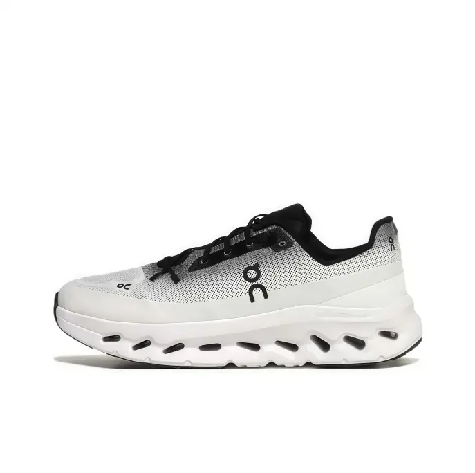 Road running shoes white black gradient mesh upper black laces collar white chunky hollow midsole breathable shock absorb cushion lightweight jogging daily street unisex athletic footwear