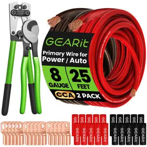 GEARit 8 Gauge CCA Ground Wire Kit - 25 ft Black & Red with Crimper, Cutter, Lugs, Heat Shrink GEARit 8 Gauge CCA Ground Wire Kit - 25 ft Black & Red with Crimper, Cutter, Lugs, Heat Shrink