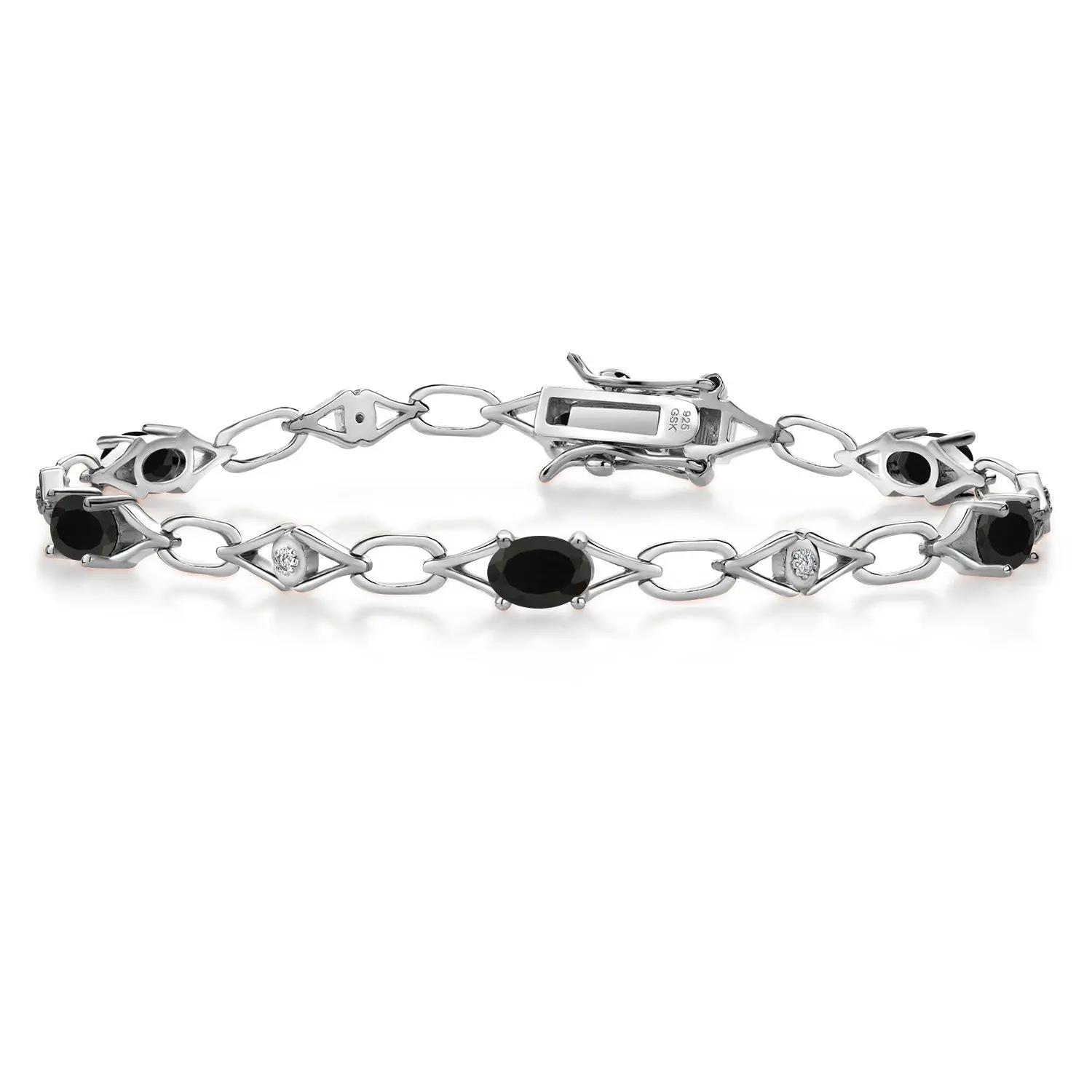 Gem Stone King 925 Sterling Silver Black Onyx and White Lab Grown Diamond Tennis Bracelet For Women | 5.54 Cttw | Gemstone Birthstone | Heart 6X4MM | 7.25 Inches