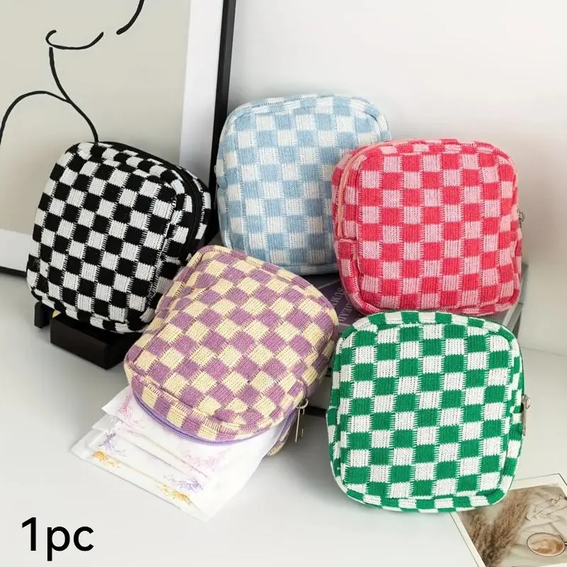 1PC Simple Fashion Plaid Series Makeup Bag Square Sanitary Napkin Bag, Portable Menstrual Bag, Cosmetic Pouch, Cosmetic Travel Bags, Makeup Pouch for Purse, Large Capacity, High Appearance, Dirt-Resistant and Durable