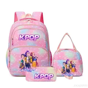 3 In 1 K-pop Cartoon Girl BackpackSetPastelGradient Star PrintStudentSchool Bag LunchBag PencilCase ForTeen Girls