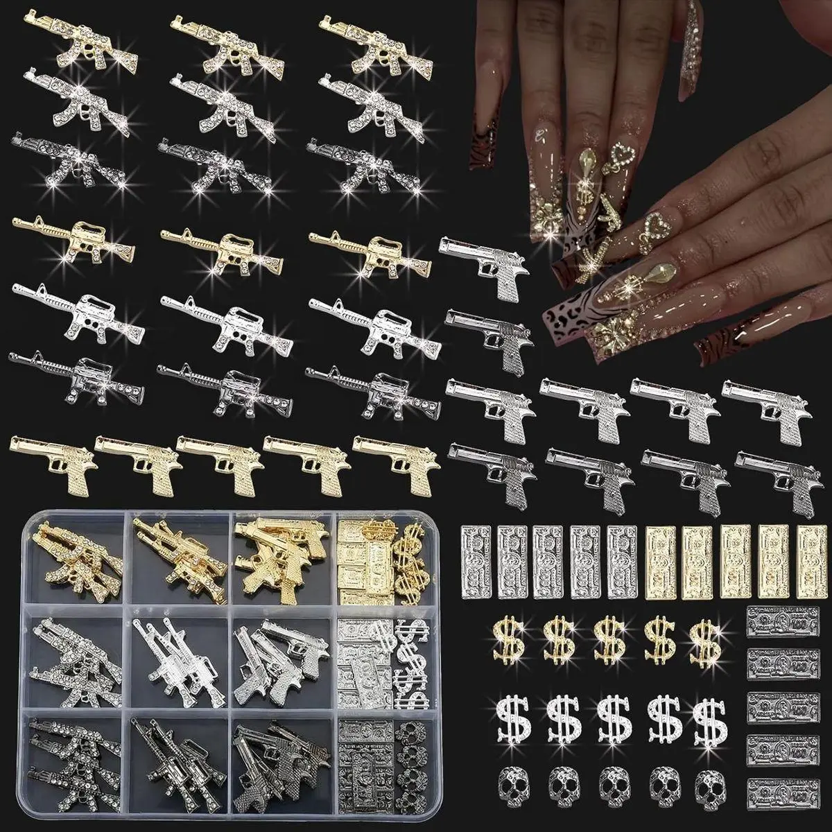 63PCS 3D Nail Charms - Gold Alloy Dollar, Gun & Coin Charms, Shiny Nail Rhinestones for Nail Art, Manicure, DIY Jewelry Making(Gold、Silver、Black)