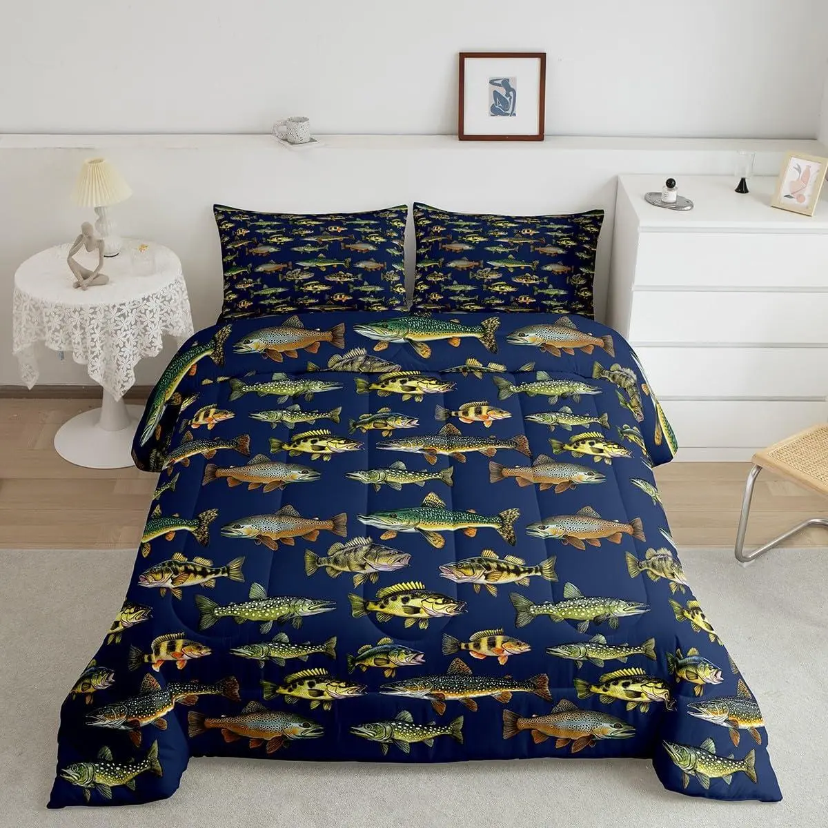 Kids Pike Fish Comforter Set,Vintage Fishing and Hunting Bed Set for Boys Girls,Animals Fishing Down Comforter for Bedroom,Marine Life Bass Fish Cozy Breathable Quilt Set