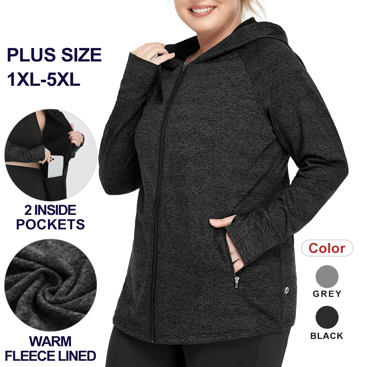COOTRY Women's Fleece Jacket, Plus Size Full Zip Up Hoodie, Thermal Lined Athletic Outerwear with Pockets & Thumbholes for Running, Yoga, Casual Athletic Jacket, Sports Yoga Jacket