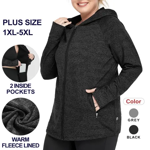 COOTRY Women's Plus Size Thermal Lined Fleece Activewear Jacket - Full Zip-Up Hoodie, Pockets, Thumbholes, 95% Poly 5% Spandex Flex, Sporty Breathable Women Workout Clothes for Yoga, Running