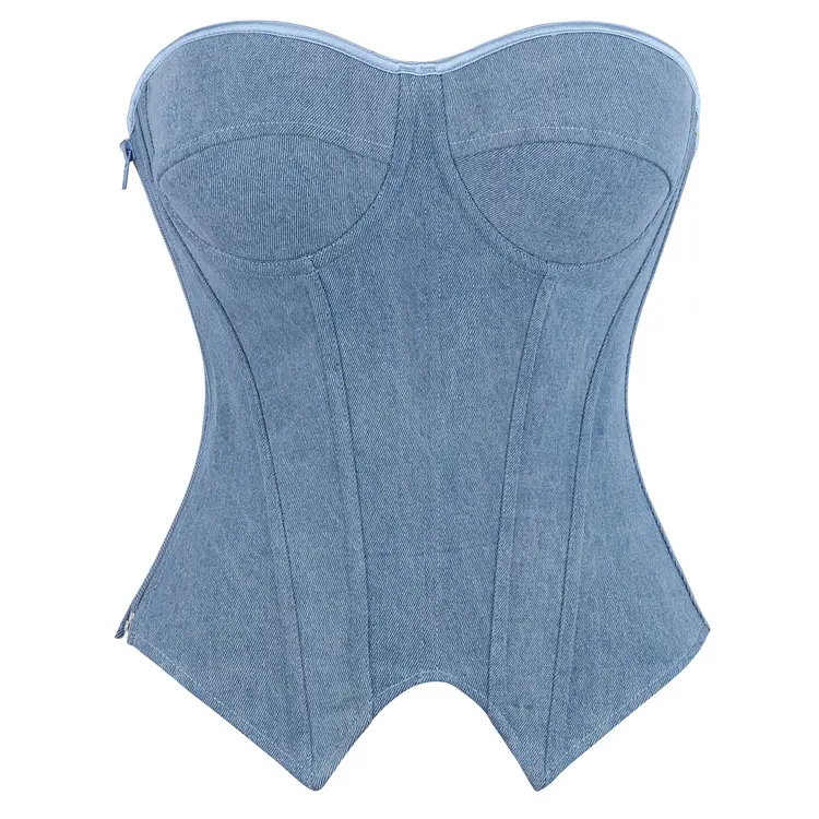 Women's Boned Overbust Denim Corset Top - Light Blue, Polyester Blend, Mid Waist, Strapless Look, Lace-Up, Built-In Cups, Compression Shapewear