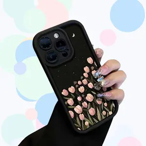 Night Garden Tulip Phone Case, Pink Tulip Floral Pattern Shockproof Full Coverage Protective Cover for iPhone 17 16E 15 Plus 14 13 12 11 Pro Max
