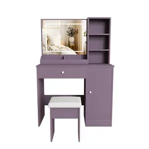 Stylish Vanity Desk Set with Padded Stool & Adjustable LED Lighted Mirror (3 Color Modes), Modern Bedroom Makeup Vanity Desk Combo, Purple
