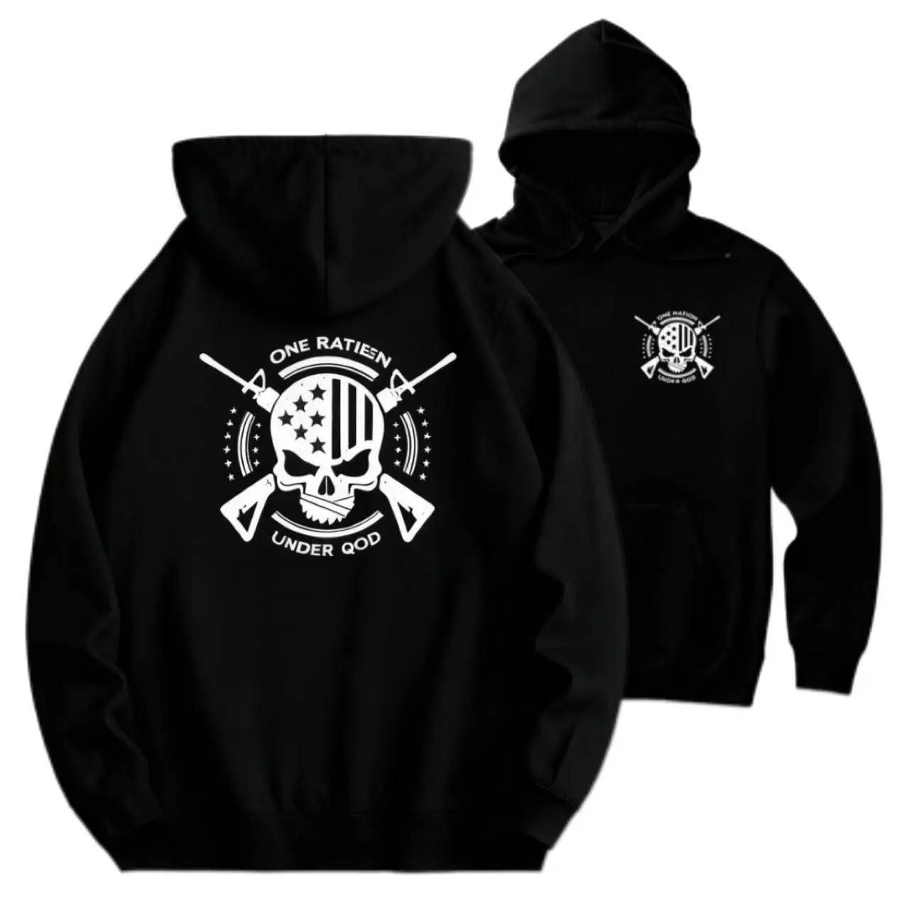 Men's Pullover Hoodie, "1 Nation Under God" Graphic Print, Soft Stretchable Cotton Blend, Casual Long Sleeve Streetwear Top with Ribbed Hem, Longsleeves