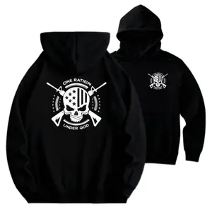 Men's Combed Ringspun Cotton Polyester Graphic Pullover Hoodie - Sporty Aesthetic Long Sleeve, 1 Nation Under God Screen-Printed, Ribbed Hem, Slimming, Lightweight Smooth Minimalist Golden Fabric, Crew Neck, Soft Casual Streetwear White Menswear Top