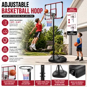 Portable Basketball Hoop System Height Adjustable 7.5 to 9.2 ft Basketball Goal with 32 Inch Shatterproof Backboard Sturdy Base with Wheels for Youth Adults Indoor Outdoor Driveway Backyard Sports Fitness Gear