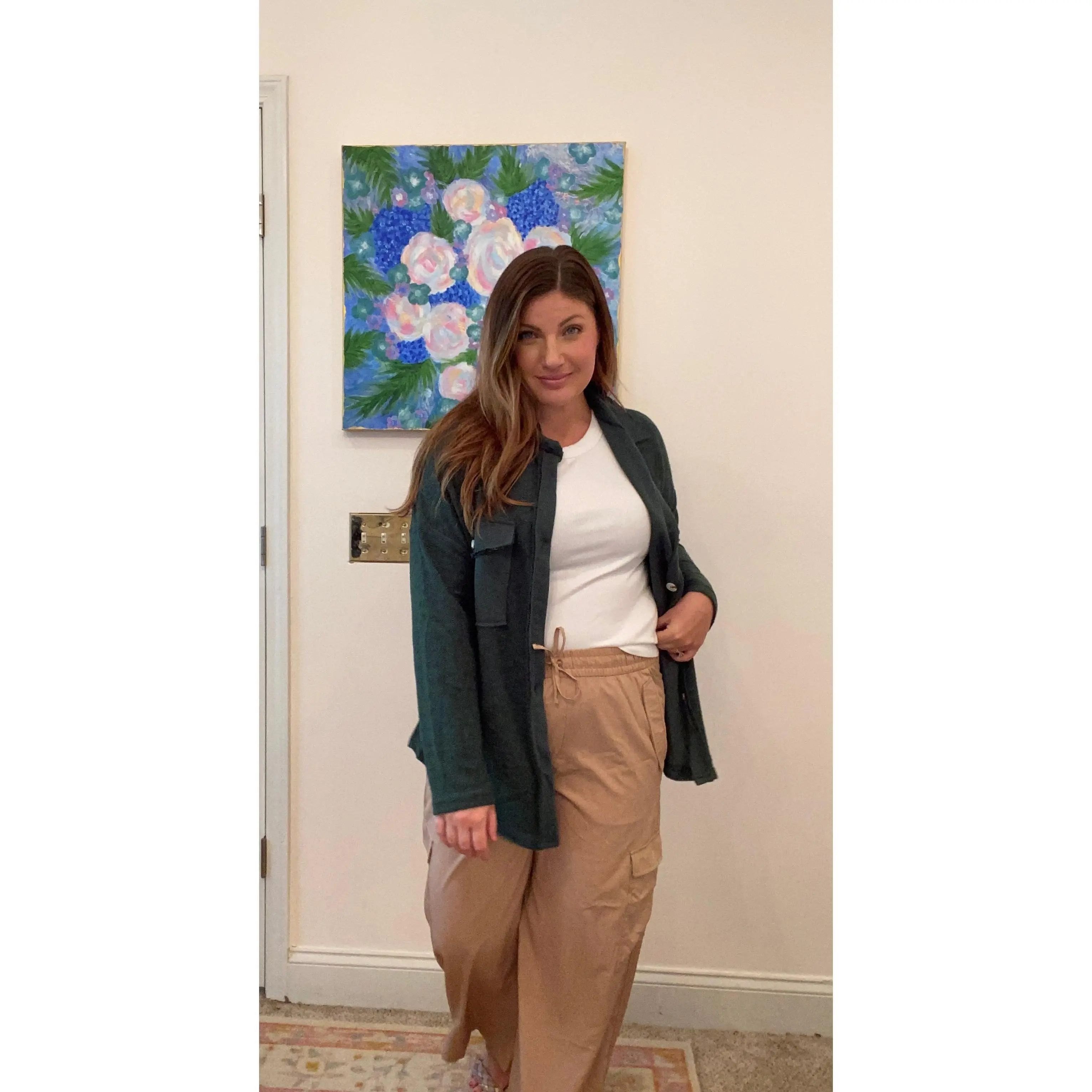 Green Contrast Flap Pockets Relaxed Shacket