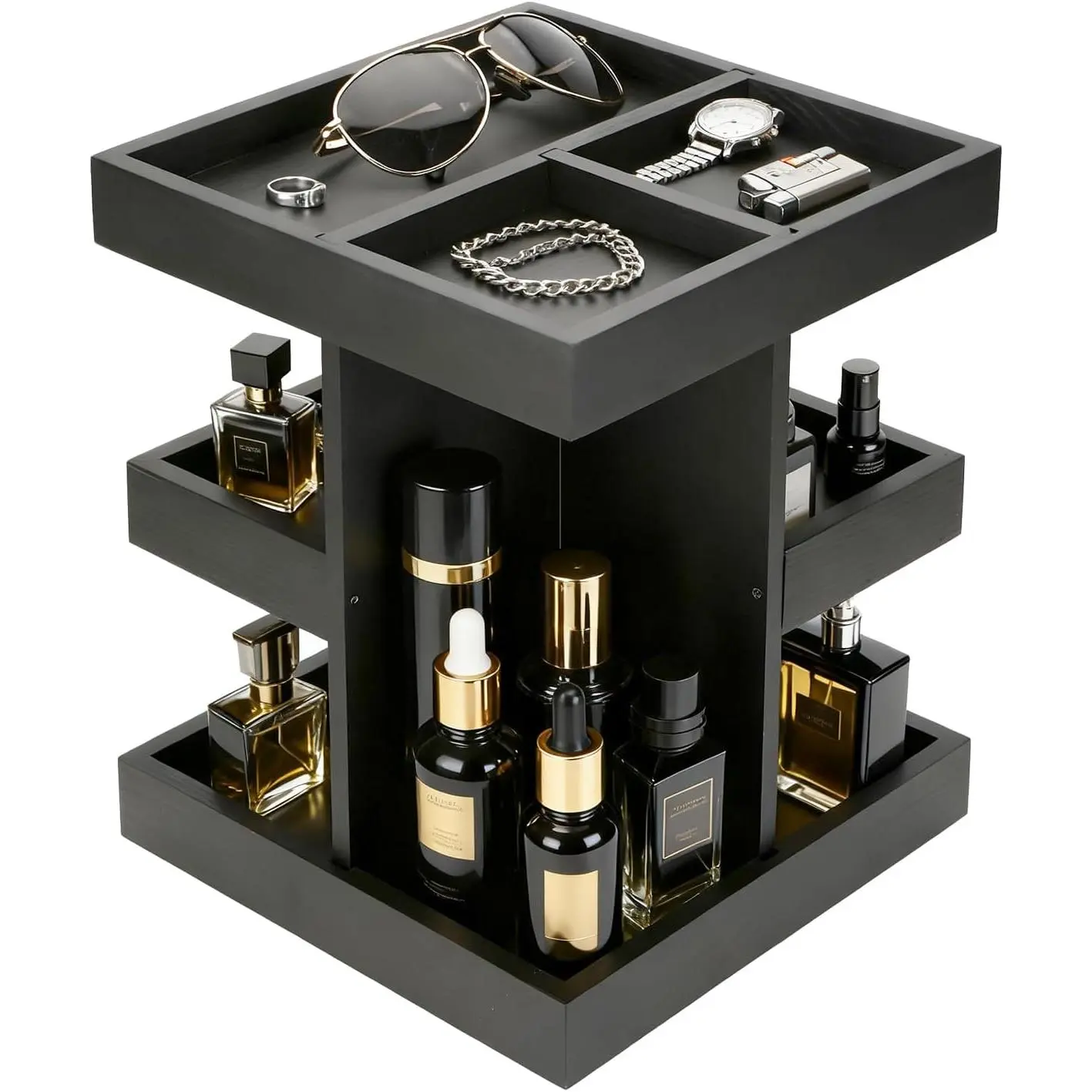 Rotatable Artistic Wooden 3-Tier 360° Rotating Cologne Perfume Display Organizer - Home Storage Accessory, Birthday Gift for Husbands, Valentine’s Day Gift for Desk/Nightstand (Black), Father’s Day