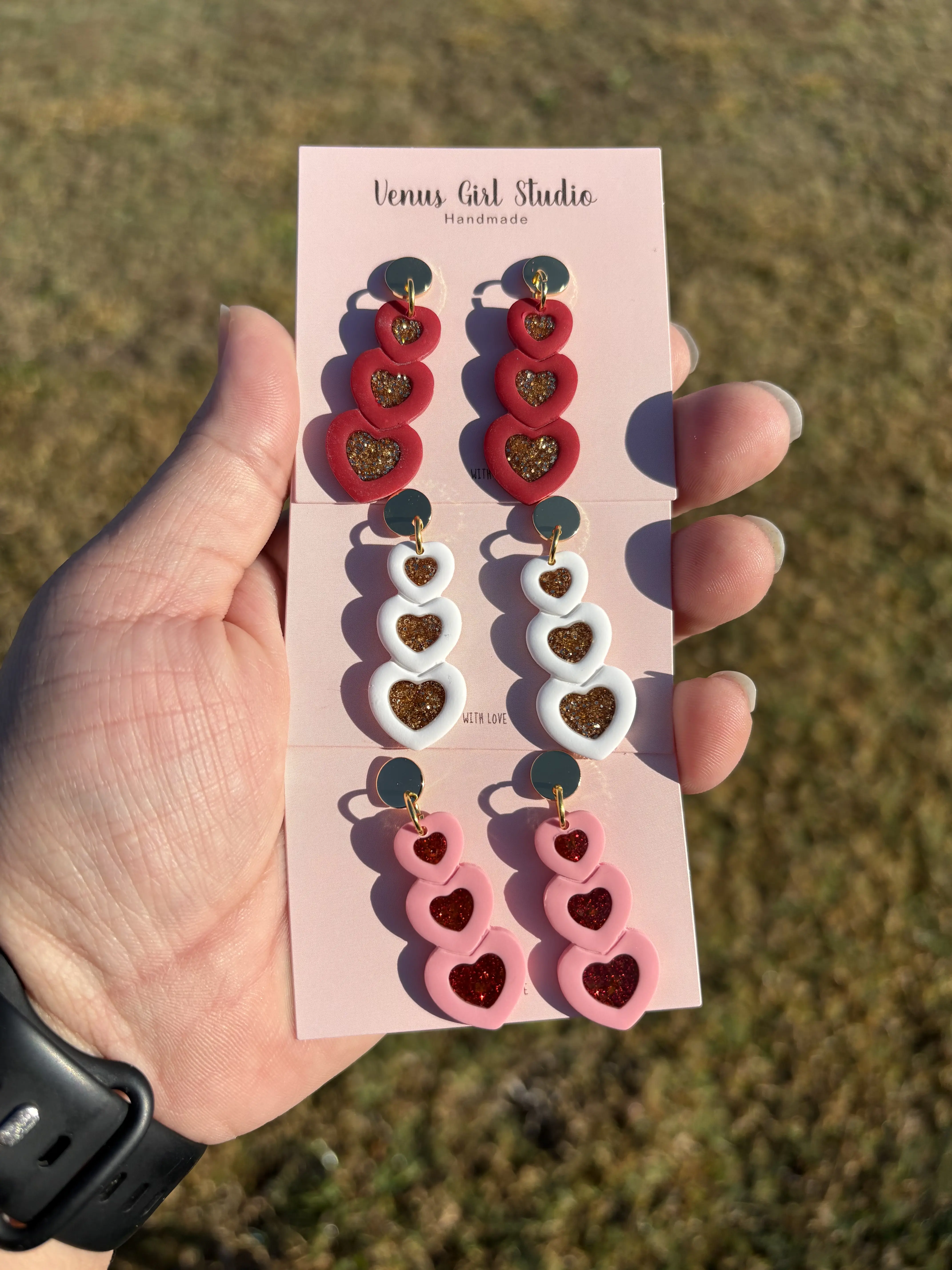 Glittery Heart Trio Drop Earrings