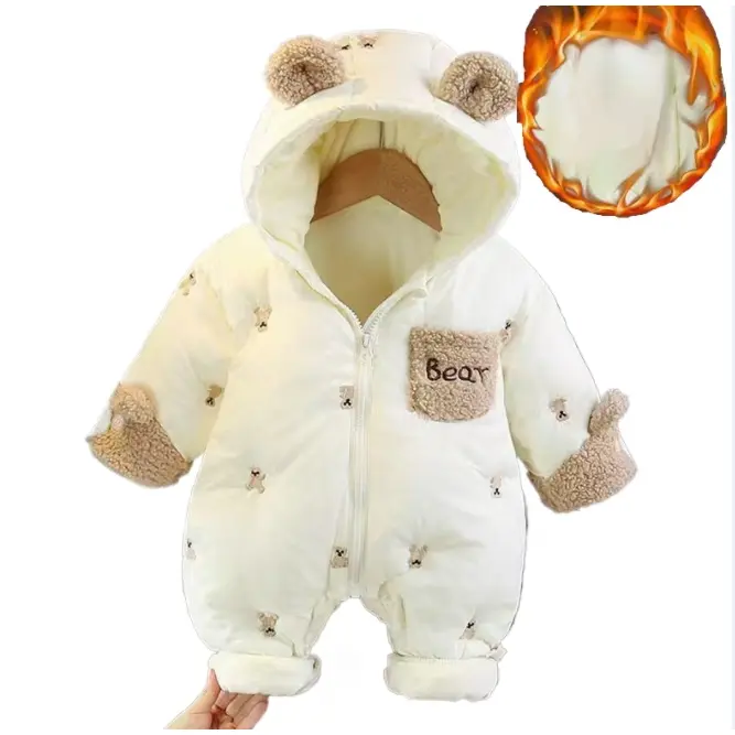 Baby Girl Winter Coat with Hood - Cute Teddy Bear Design, Thick Fleece-Lined, Long Sleeve, Front Pockets, Contrast Trim, Cozy Animal Print Outerwear for Cold Weather, Baby Girl Winter Clothes, Cozy Babywear, Playful Baby Apparel, Soft Texture Apparel
