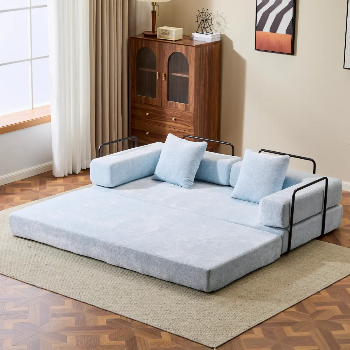 Convertible Boneless Floor Couch, Chenille Foldable Futon Sofa Bed with Pillows, Compression Sleeper, Practical Living Room & Apartment Furniture for Small Spaces