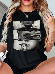 [100% Cotton] Women'S Figure Print Round Neck Tee, Stylish Casual Crew Neck Short Sleeve T-Shirt For Daily Holiday Vacation Outdoor Wear, Ladies Clothes For Summer T-Shirt For Men And Women