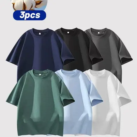 Unisex 3PCS Cotton Shortleeve Round Neck T-Shirts Set - Soft Loose Fit Navy, Gray, Black Menswear Clothing for Casual Daily Wear Crewneck Streetwear