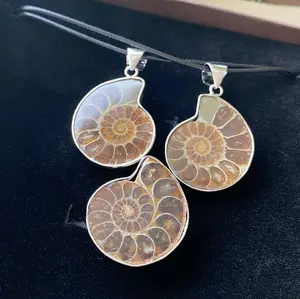 White Copper Natural Ammonite Pendant&Ring Jewlry Set Vitage Stye
