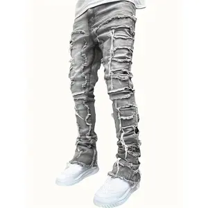 Men's Slim Fit Layered Ripped Jeans with Patches, Cotton Blend Distressed Denim Pants for Casual Outings