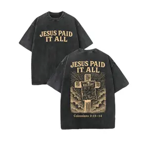 Retro Washed T-Shirt Double Sided Printed 230 Pure Cotton 'JESUS PAID IT ALL' Letter & Cross Pattern Christian Gift Men's Casual Comfortable Fashionable Street Style Cotton Short Sleeve washed pure cotton