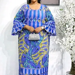 Ankara Dress - Vibrant Blue and Yellow Patterned Long Dress with Flared Sleeves and Round Neckline