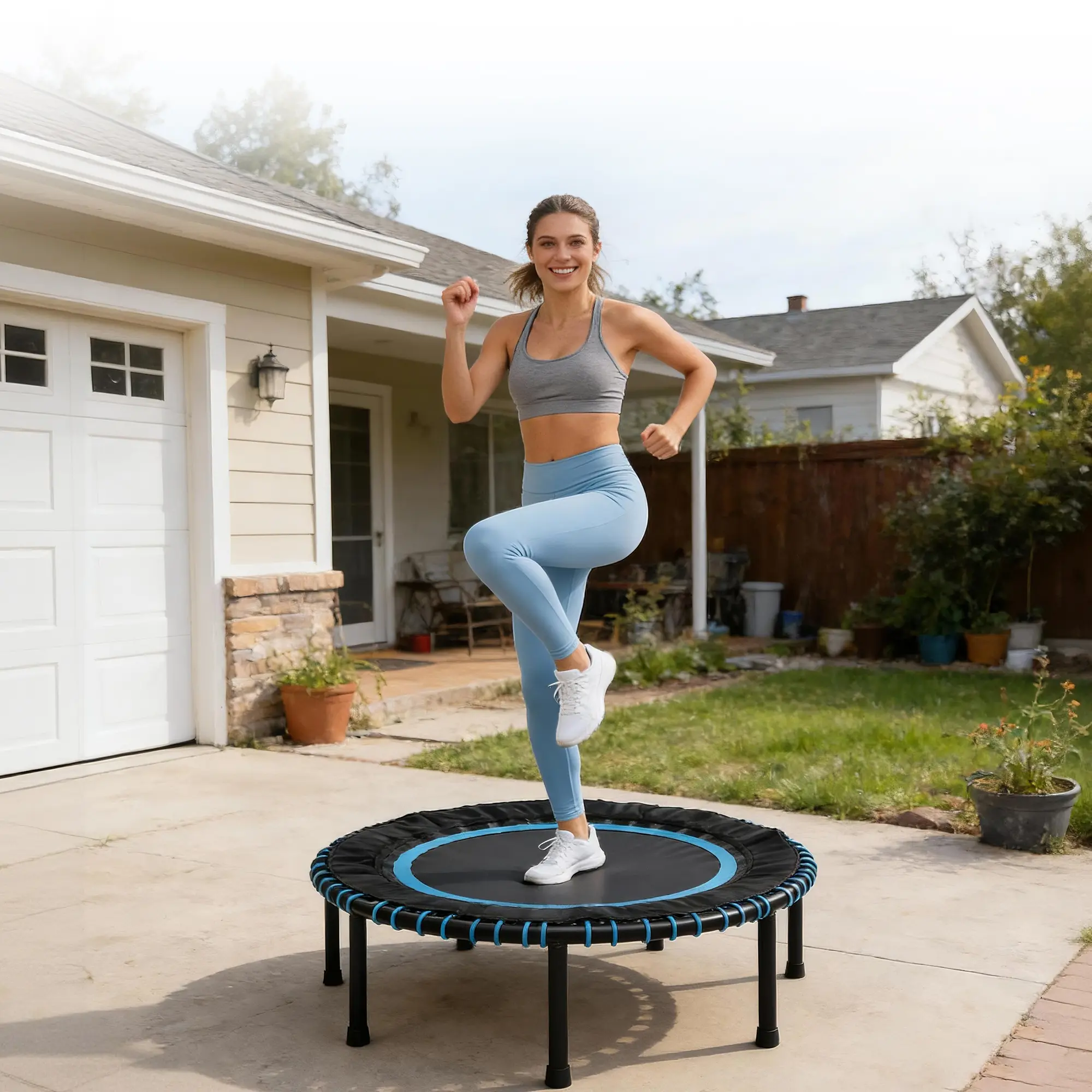 40-Inch Adult Fitness Trampoline, Quiet Bungee Rebounder for Indoor/Garden Workout, Supports up to 330 lbs, Light Blue